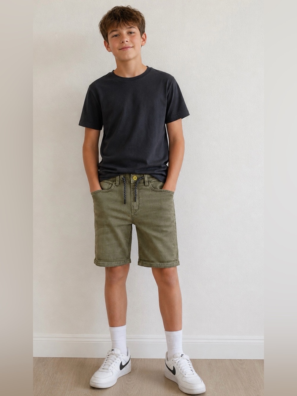 Kids Olive Green Drawstring Denim Shorts - 12